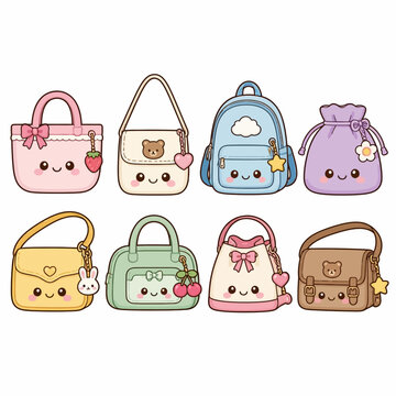 Collection of cute kawaii handbags and backpacks set.