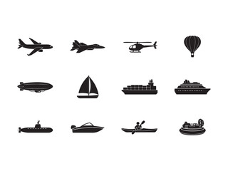 Fototapeta premium Set of twelve black transportation featuring airplane, fighter jet, helicopter, hot air balloon, airship, sailboat, cargo ship, cruise ship, submarine, motorboat, kayak, and hovercraft