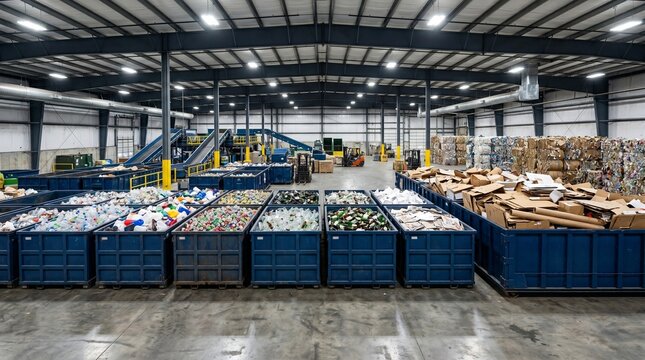 Expansive modern recycling facility efficiently processing diverse sorted waste materials, embodying crucial environmental efforts for a sustainable and greener future