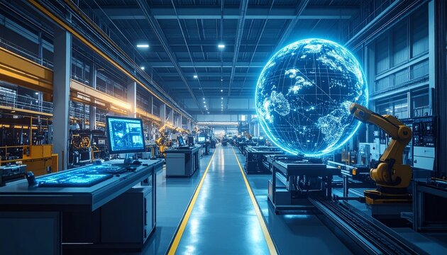 Futuristic factory with robotic arm and digital globe display.