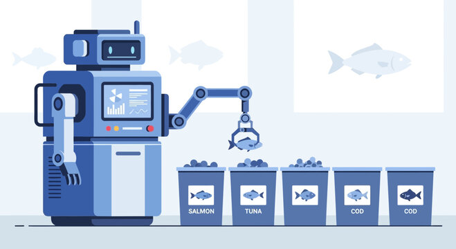 Robotic arm sorting fish into containers labeled Salmon, Tuna, Cod
