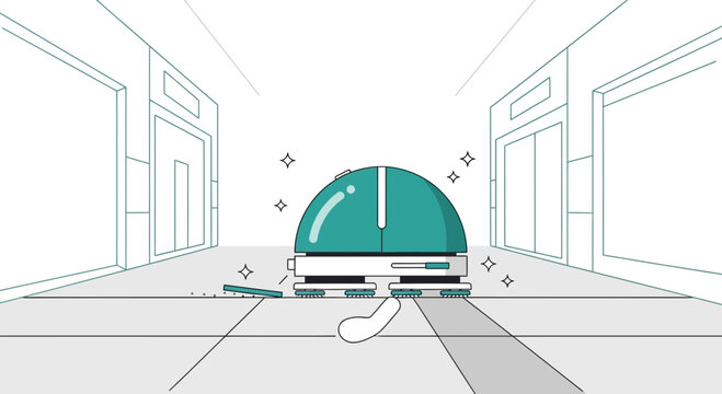 Robotic vacuum cleaner cleaning floor in modern hallway with elevators