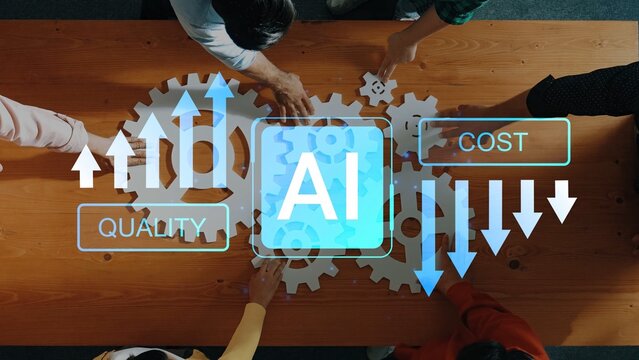 Business professionals collaborating on AI technology to enhance quality and reduce costs through gears and data visualization in a modern workspace setting Gluon.