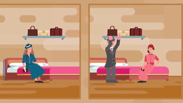 Split Screen Animation of Train Passengers Arranging Luggage in Compartment
