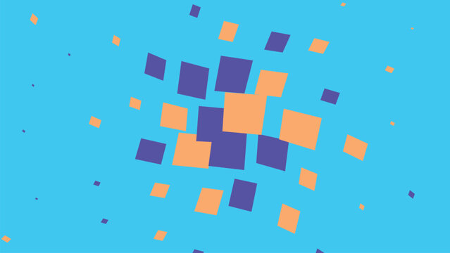 Geometric scatter pattern of purple and orange squares floating over bright blue background in dynamic perspective creating energetic digital mosaic art.