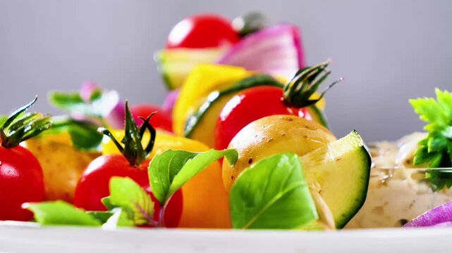Fresh vegetable skewers with cherry tomatoes zucchini pepper and red onion