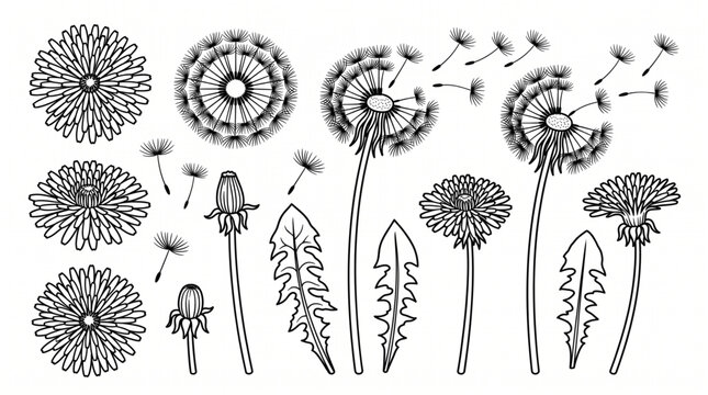 dandelion flowers outline silhouette vector elements set