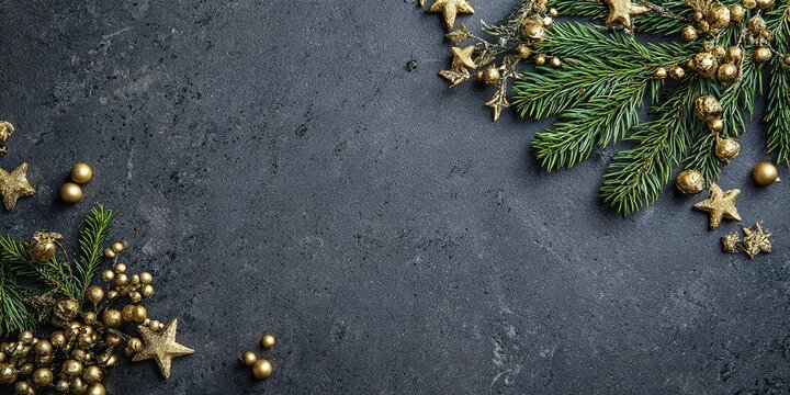Dark Gray Stone Texture Background Flat Lay Green Pine Branches With Gold Berry And Star Ornaments Two Clusters Upper Right And Lower Left Festive Holiday Mood