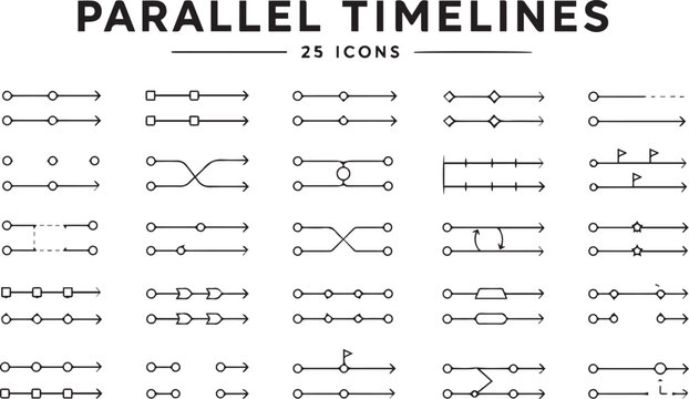 "Parallel Timelines Line Icons Pack &ndash; Circles, Squares, Diamonds, Arrows, Dashed Lines, Paths, Merging, Diverging, Crossing, Looping & Event Markers Vector Symbols for Process, Data Visualization 