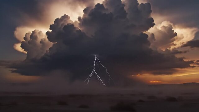 Lightning bolt striking from dark storm clouds over desert sunset