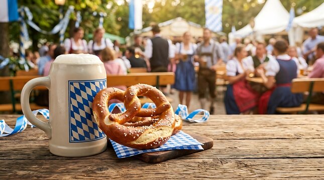 Traditional Bavarian Oktoberfest celebration with beer stein and pretzel on a wooden table.