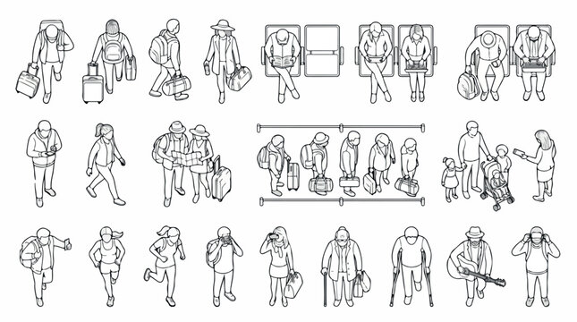 Isometric line art travelers collection, set of 20 airport passenger icons, outline people with luggage and suitcases for travel infographics