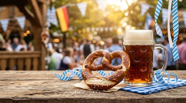 Traditional Oktoberfest Beer and Pretzel on Wooden Table with Festival Background.