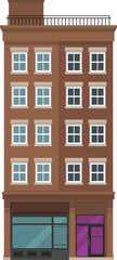 Naklejka premium Brown apartment building with multiple windows and ground floor shops.