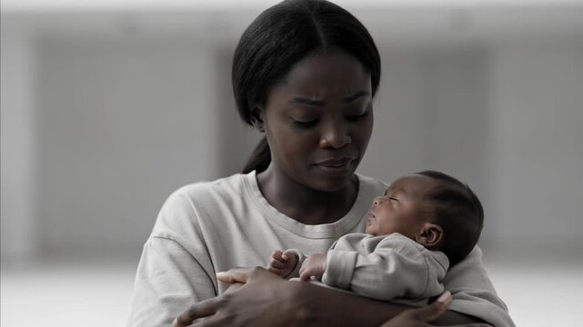 African American woman holding newborn baby with distressed expression indoors. Mother shows concern while cradling child, portraying vulnerability and emotional struggle of new motherhood.