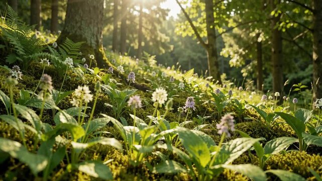 Lush Green Forest Floor Covered in Moss and Wildflowers during a Bright Sunny Day