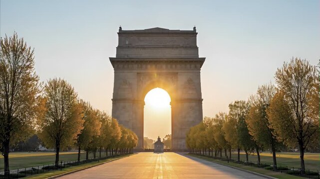 India Gate monument in New Delhi frames vibrant sunrise with golden light illuminating wide road and lush trees under dramatic sky August 15 India's Independence Day