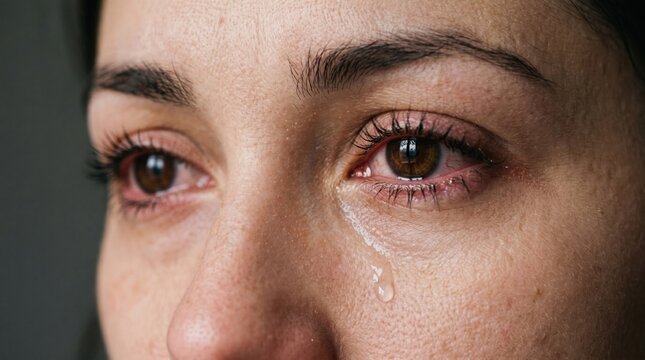 Close-up portrait of crying woman with red irritated eyes and tears irritated distress close-up portrait depressed
