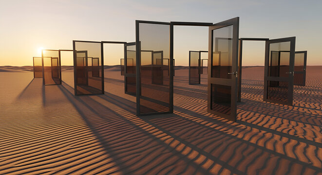 Abstract desert landscape with multiple glass doors at sunset