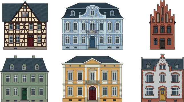 European Architecture House Vector Set with Half Timbered German Building, Baroque Palace Mansion, Red Brick Townhouse, and Historic Old Town Facades