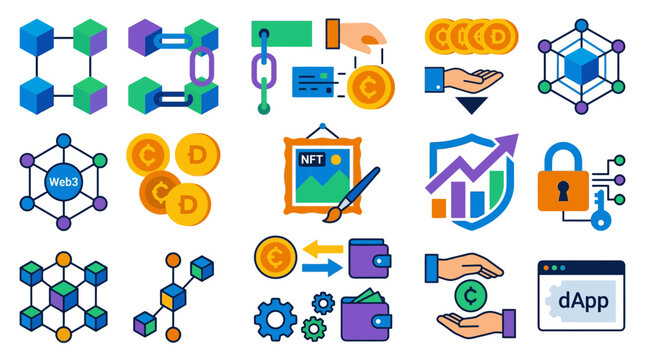 Comprehensive web3 icon set including wallets tokens and nodes.