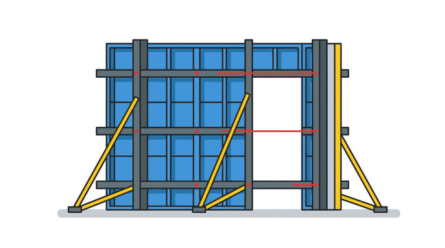 Concrete formwork wall system with yellow metal supports.