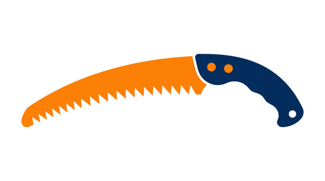 Curved pruning saw for gardening with blue orange handle.