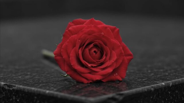 Vibrant red rose with water droplets rests on polished dark granite, symbolizing remembrance, solemn tribute August 23 International Day for the Remembrance of the Slave Trade and its Abolition