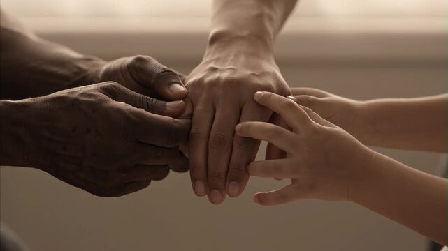 Hands of diverse people show unity, support, and connection, representing multiracial family bond and human solidarity. August 23 International Day for the Remembrance of the Slave Trade and its Aboli