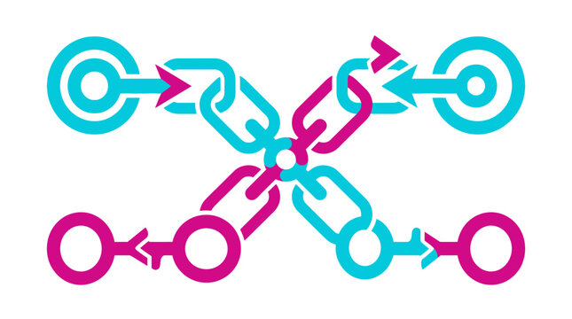 Cross-chain blockchain interoperability icon with pink and blue links.