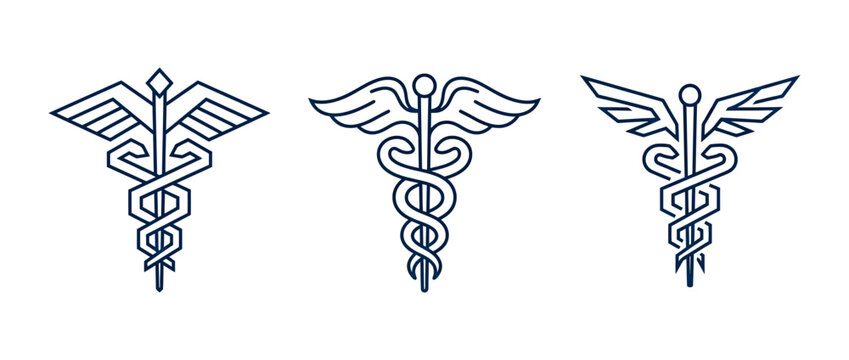 Medical symbol set featuring caduceus and rod of asclepius in minimalist line art style