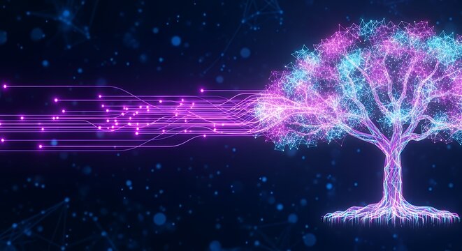 Digital Tree of Life with Glowing Connections and Data Flow in a Futuristic Cyber Landscape.