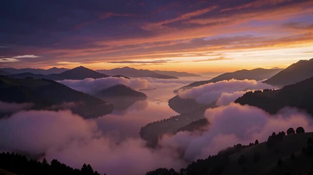 Majestic Mountain Range Silhouette at Sunrise with Ethereal Fog Filling Valleys Cinematic Landscape