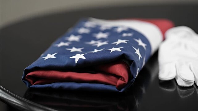 Folded American flag with stars and stripes detail alongside ceremonial white gloves, symbolizing patriotism, remembrance, and military service on a dark surface.