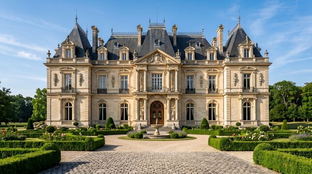 Majestic French Renaissance style chateau architecture with symmetrical formal gardens and stone facade under a bright clear blue summer sky