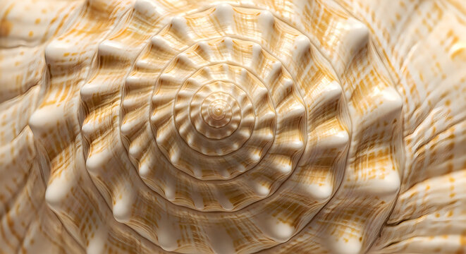 Detailed close up macro view of a natural seashell showing intricate spiral patterns with warm golden brown and white textures