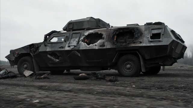 Heavily damaged armored personnel carrier wreckage post conflict, charred exterior and multiple penetrations indicating intense combat, vehicle abandoned on desolate field under overcast sky, debris s