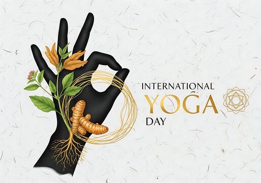 International yoga day illustration hand mudra with roots herbs and golden elements