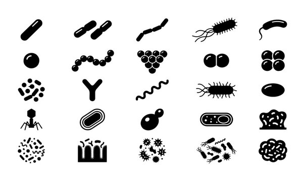 Bacterial cell types and microbe icons set, 25 black vector silhouettes of microorganisms, microbiology and medical laboratory research elements