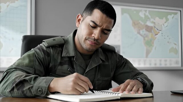 A male military officer writes notes in a spiral notebook with a pen while sitting at a wooden desk, world maps visible on wall behind him, uniform showing rank and dedication to duty and strategic pl