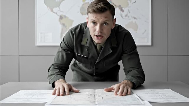 Young Caucasian man in military uniform intensely studies tactical maps spread on conference table, world map visible on wall, deep focus on strategic planning and mission objectives