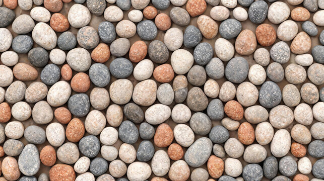 Seamless pattern of colorful beach pebbles, decorative river rocks surface, nature background texture. Assorted smooth stones and pebbles background, organic river rock mosaic, abstract natural.