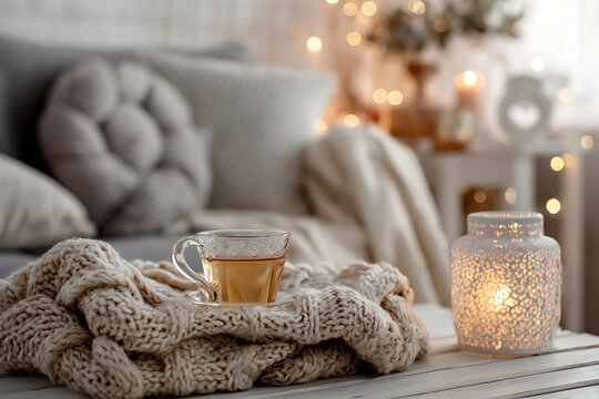 Cozy Winter Evening Scene with Warm Drink and Candlelight.