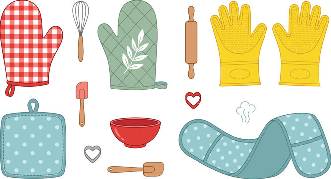 Kitchen Oven Mitts and Baking Utensils Vector Set with Gingham Plaid Glove, Polka Dot Potholder, Silicone Grilling Gloves, Whisk, and Rolling Pin Icons