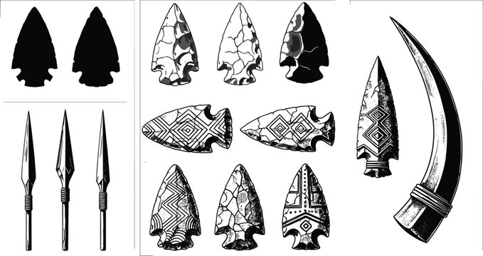 Ancient arrowhead collection featuring prehistoric stone weapons native american spears flint tools and wild tusk isolated on white background