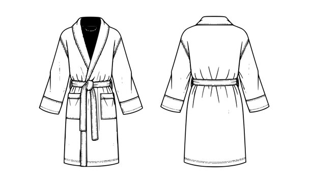Bathrobe Fashion Flat Sketch with Terry Cloth Robe Technical Drawing Front and Back Views