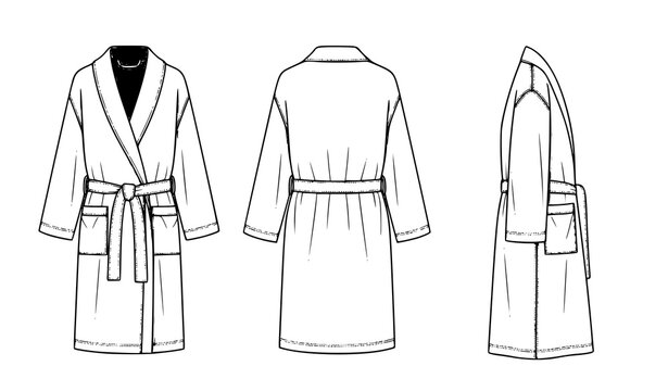 Terry Cloth Bathrobe Technical Fashion Template with Front Back and Side Flat Sketch Views