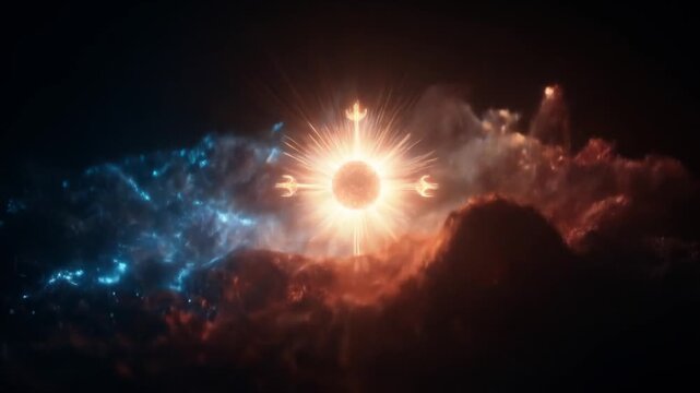 A celestial image features a bright, star-like object radiating light with a cross-like design