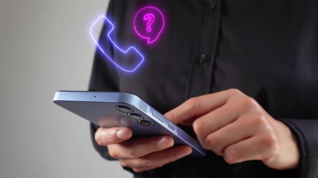 Businesswoman holding a smartphone with a virtual icon of an analog phone and a question mark.