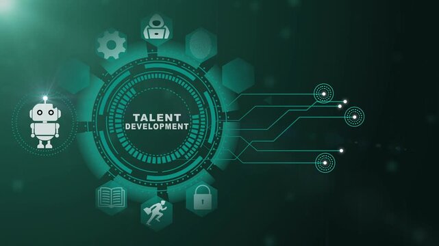 Talent Development Technology Animation with Digital Workforce Growth Network and Enterprise Learning System on Black Background 4k animation video